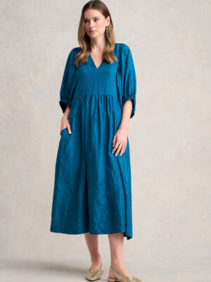 Gathered Sleeve Silk Dress - Teal