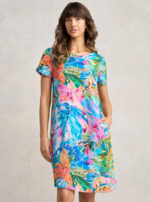 Printed Linen Dress - Vibrant Palm Print