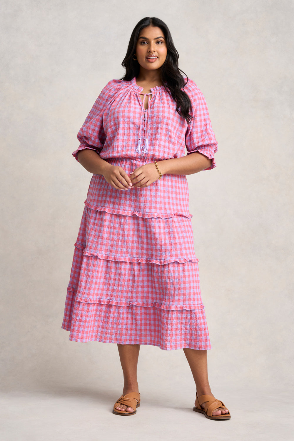 Cotton Gingham Tiered Dress - Lilac & Coral Gingham