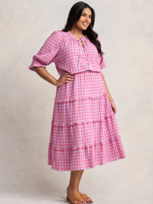 Cotton Gingham Tiered Dress - Lilac & Coral Gingham