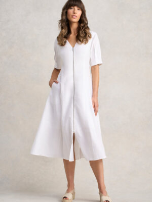 Zip Through Linen Dress - White