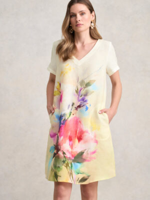 V-Neck Linen Dress - Watercolour Floral