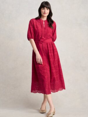 Cotton Broderie Dress - Brick Red