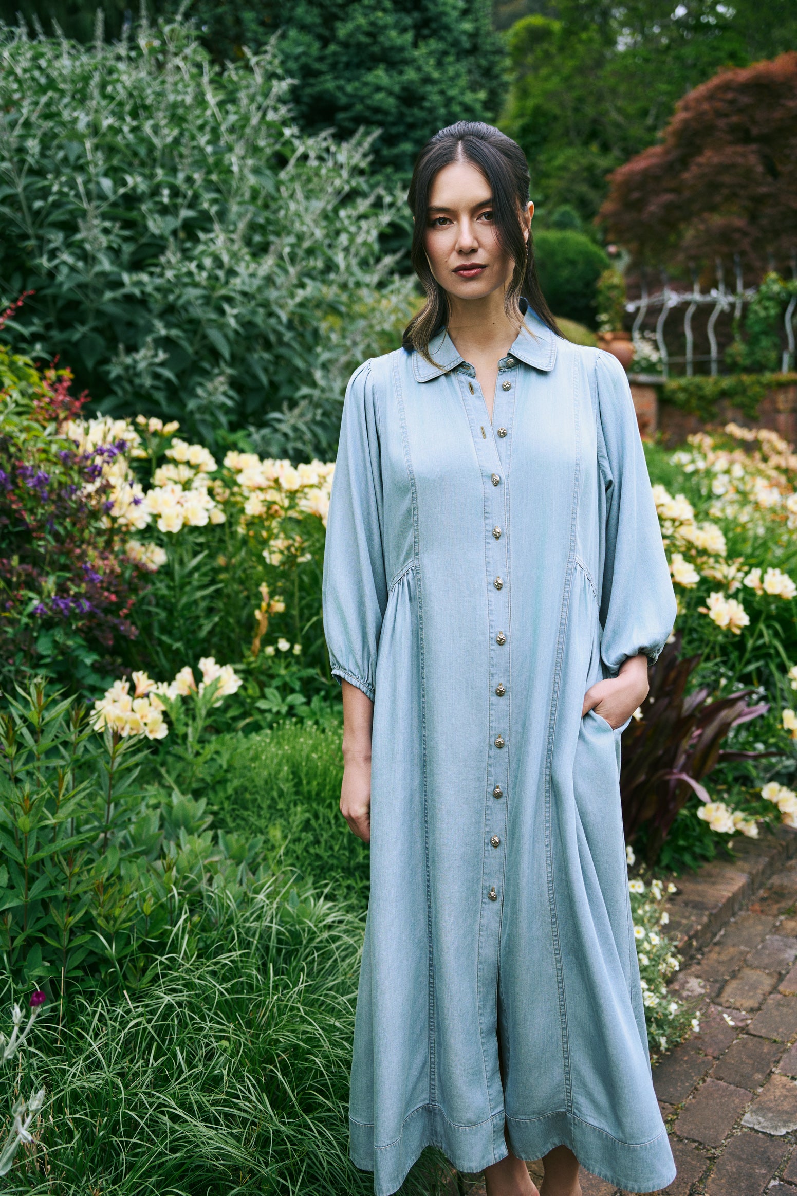 Chambray Puff Sleeve Dress - Light Chambray