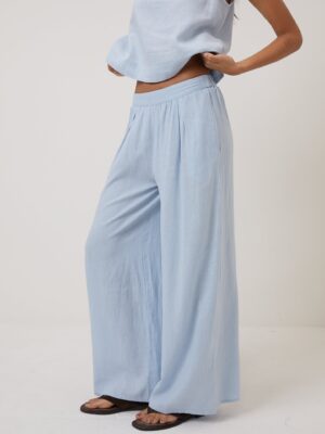 Light Blue Linen Blend High Waisted Wide Leg Trousers