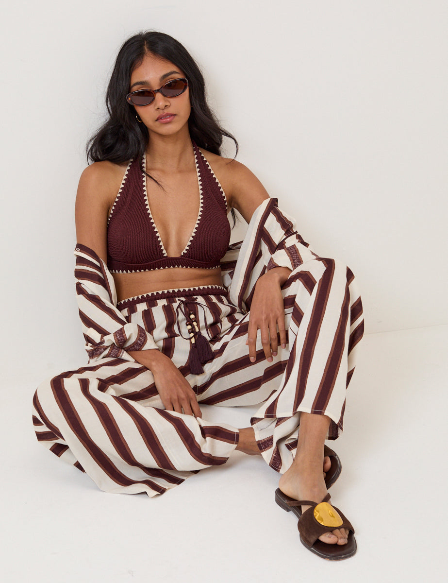Brown Striped Beach Soft Trousers Coverup - Image 4