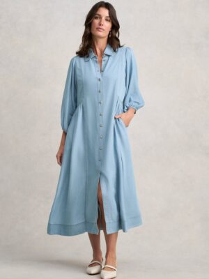 Chambray Puff Sleeve Dress - Light Chambray