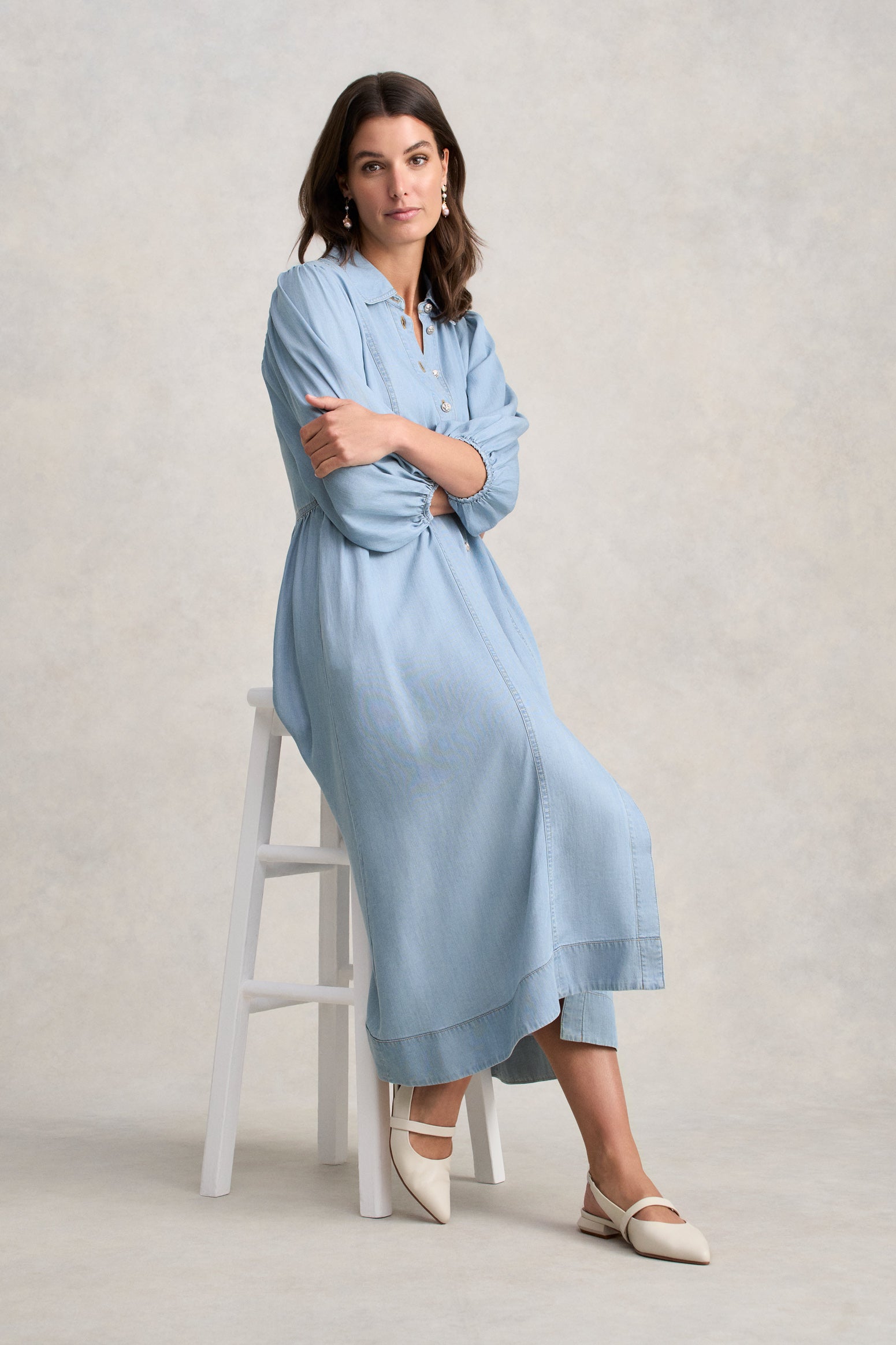 Chambray Puff Sleeve Dress - Light Chambray