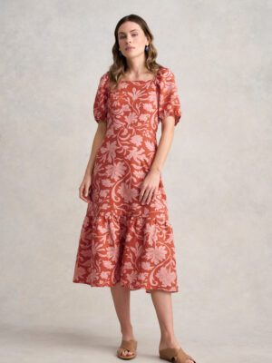 Linen Blend Printed Midi Dress – Rosewood Print