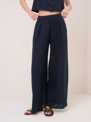 Navy Linen Blend High Waisted Wide Leg Trousers