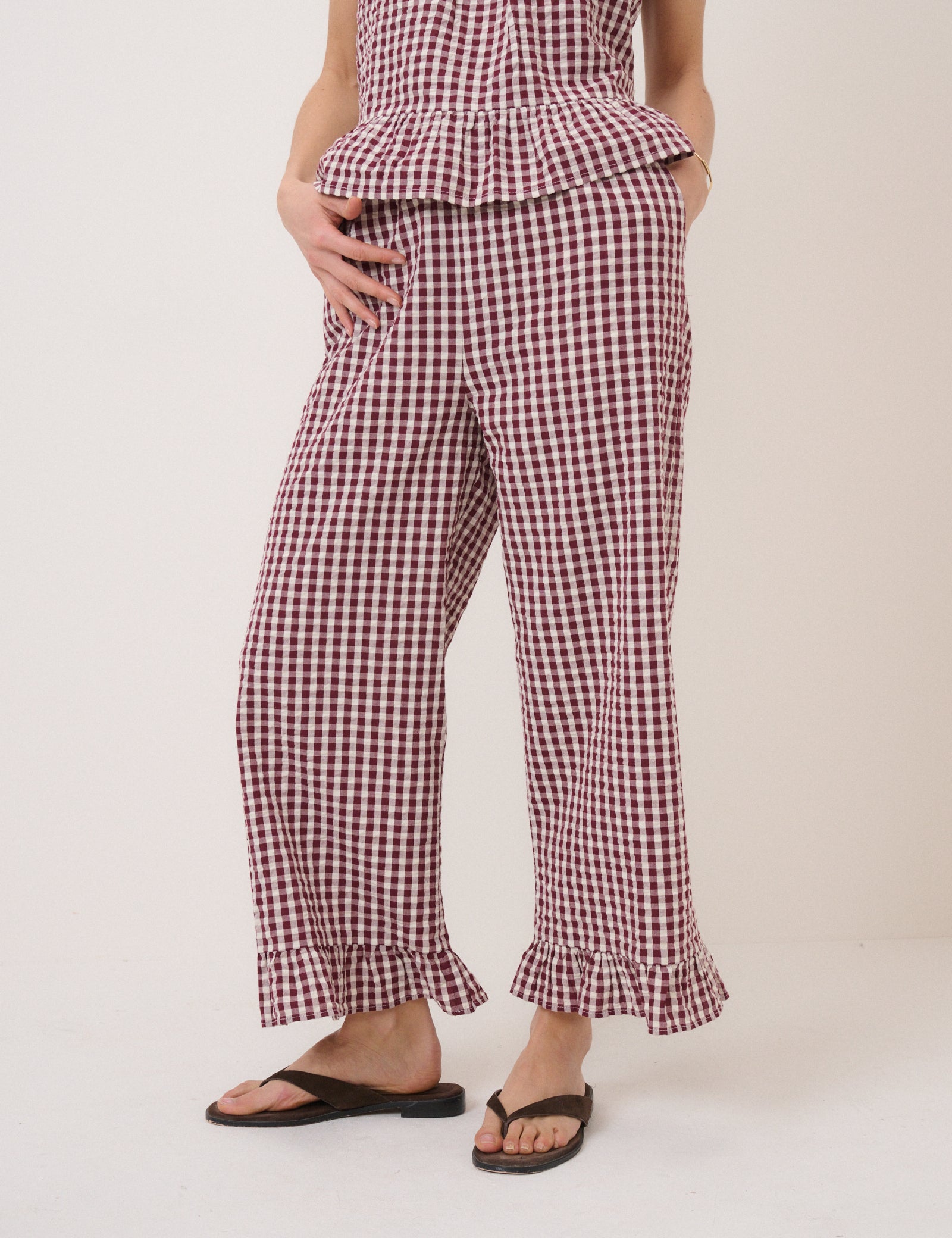 Burgundy Gingham Wide Leg Cropped Trousers - Image 3