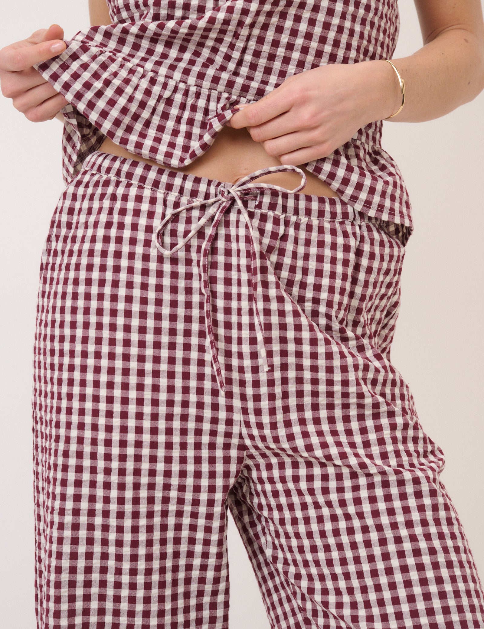 Burgundy Gingham Wide Leg Cropped Trousers - Image 2
