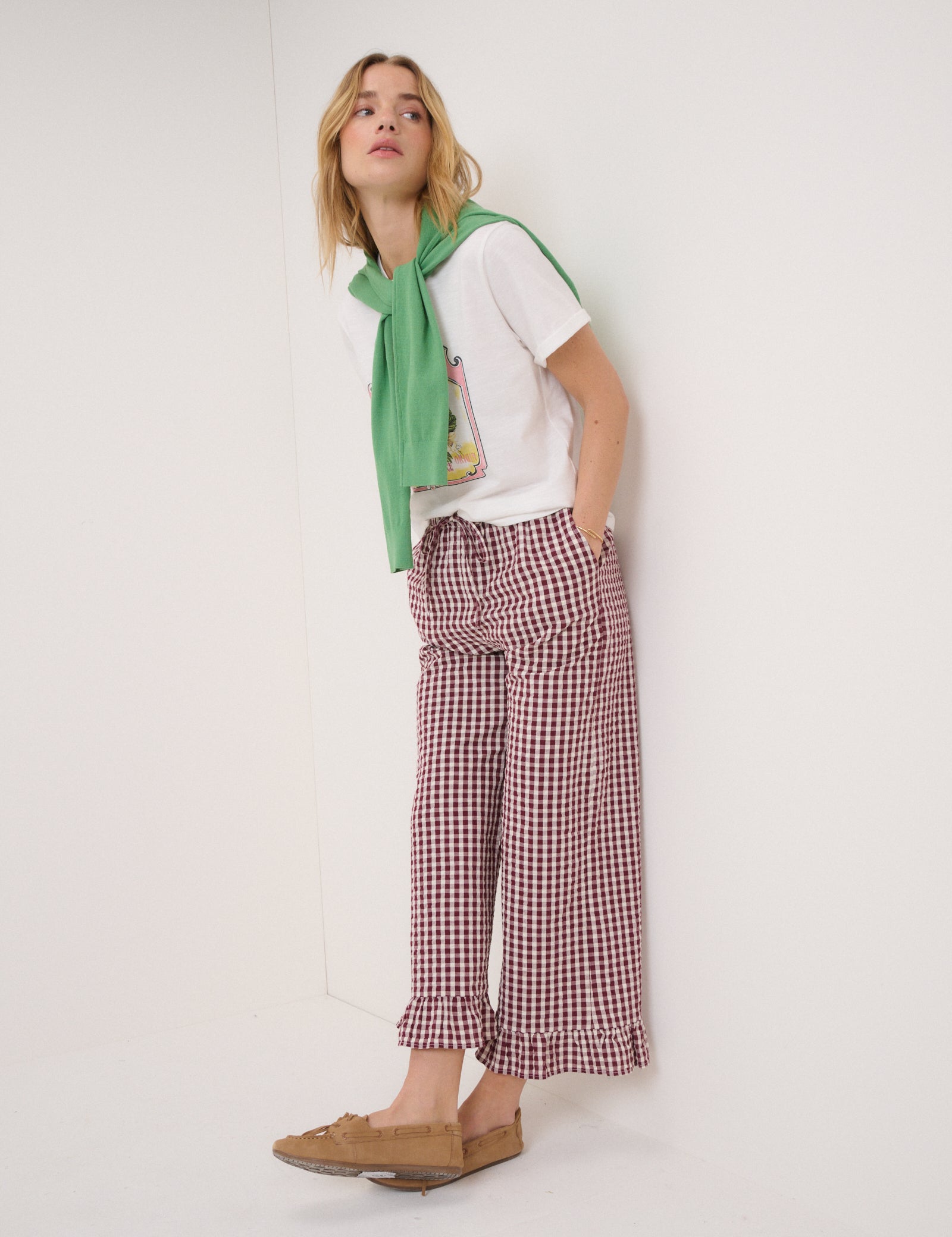 Burgundy Gingham Wide Leg Cropped Trousers