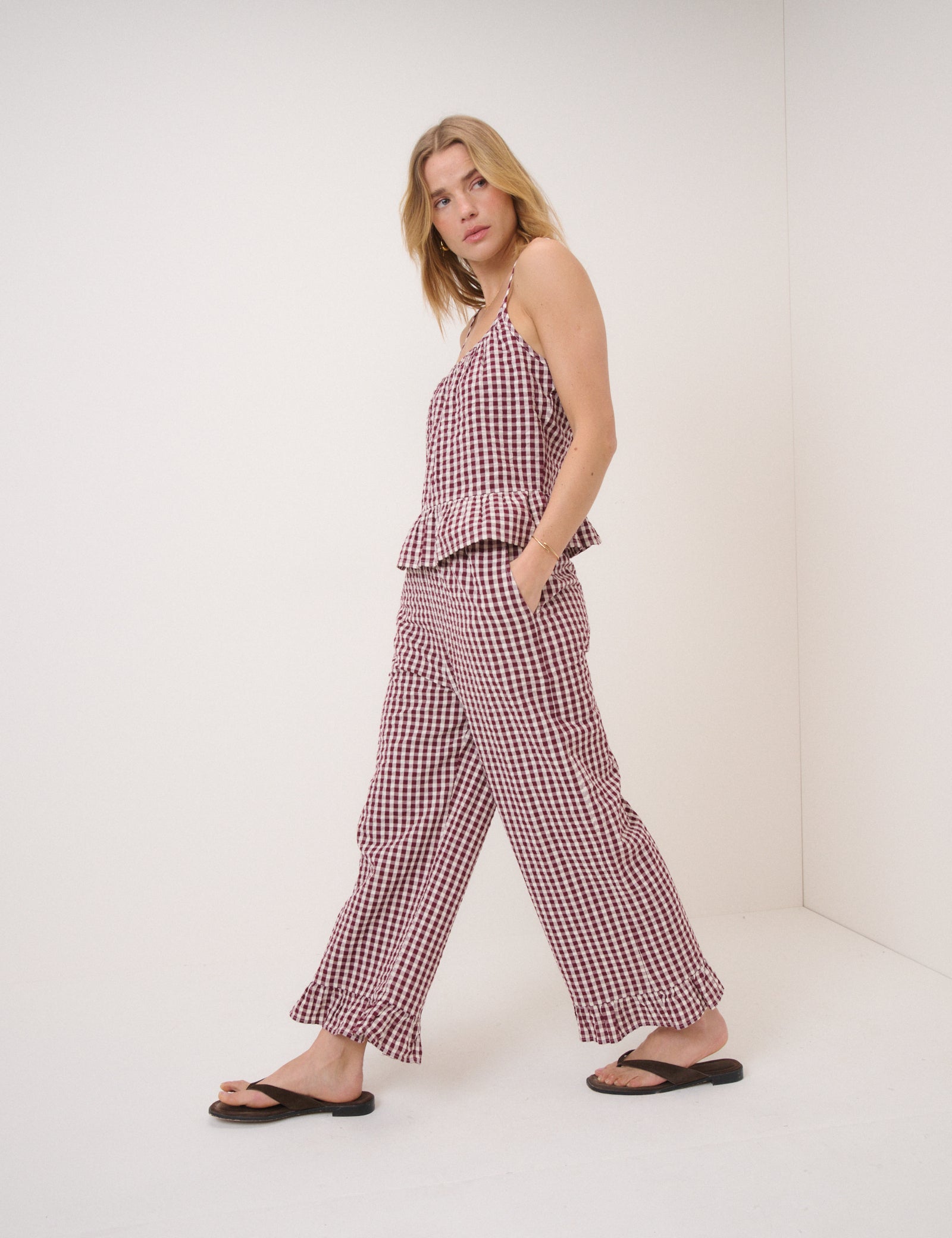 Burgundy Gingham Wide Leg Cropped Trousers - Image 4