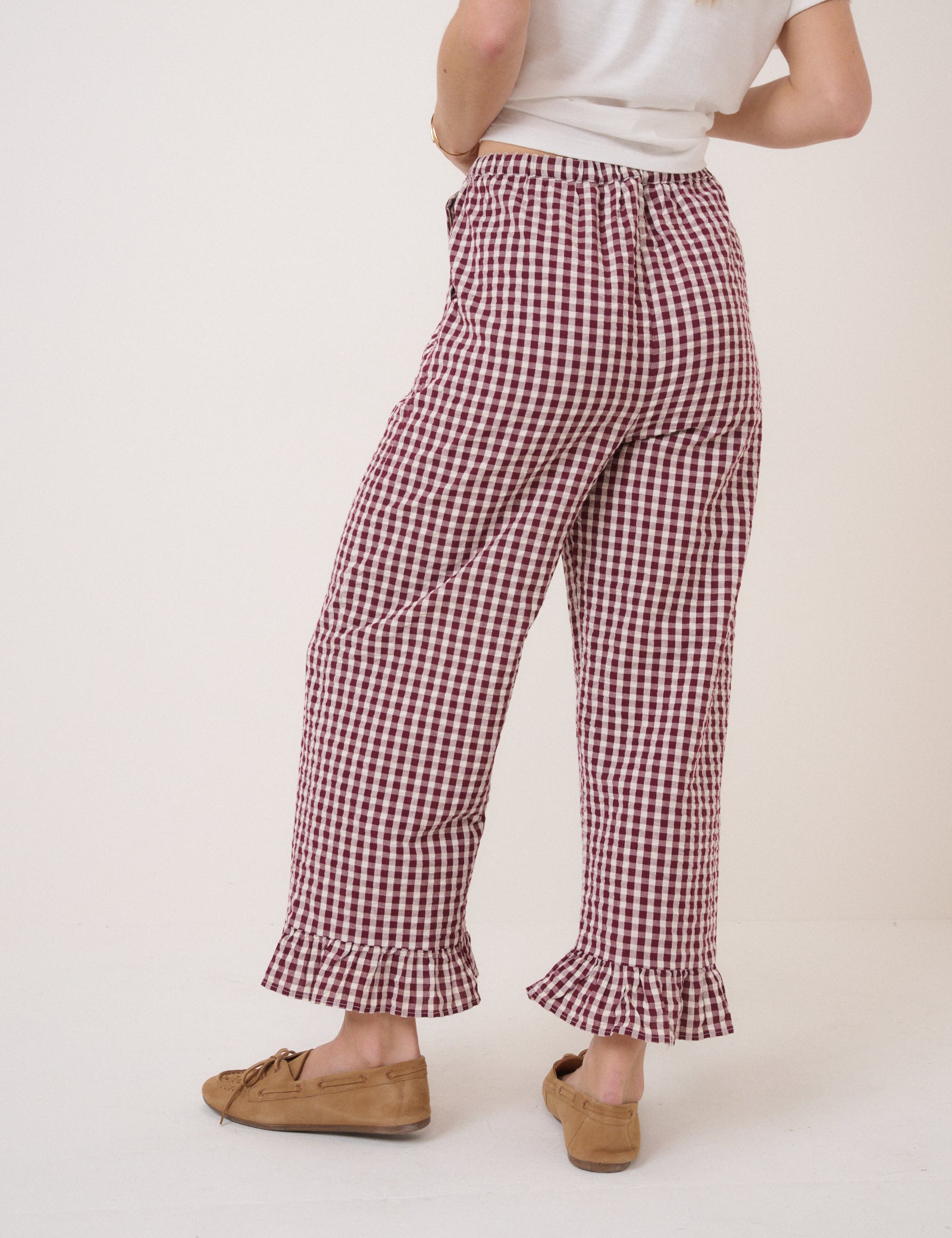 Burgundy Gingham Wide Leg Cropped Trousers - Image 5