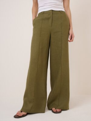 Khaki Linen Blend High Waisted Wide Leg Trousers