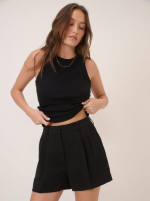 Black Crepe High Waisted Pleated Shorts
