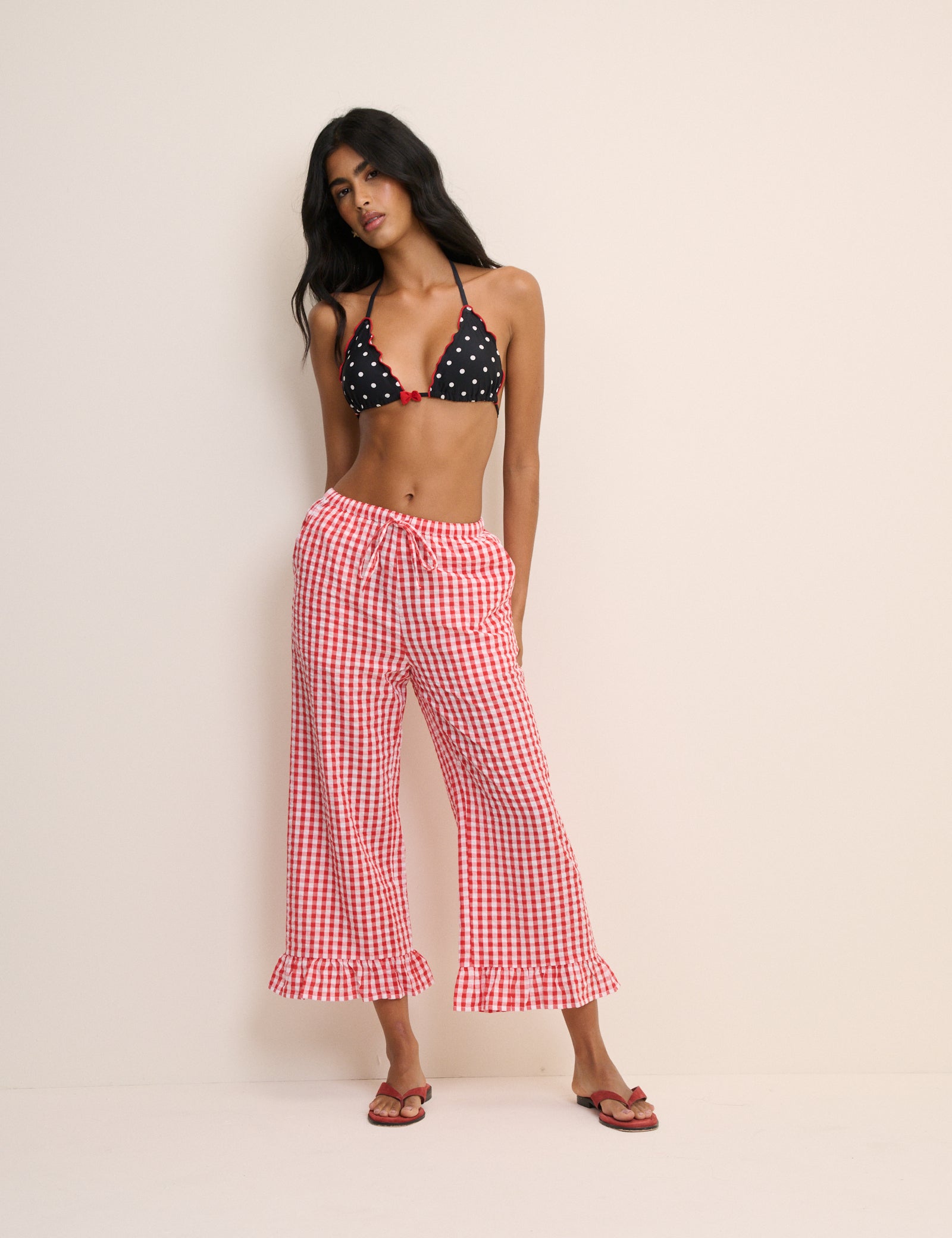 Red Gingham Frill Detail Beach Trousers Coverup - Image 3