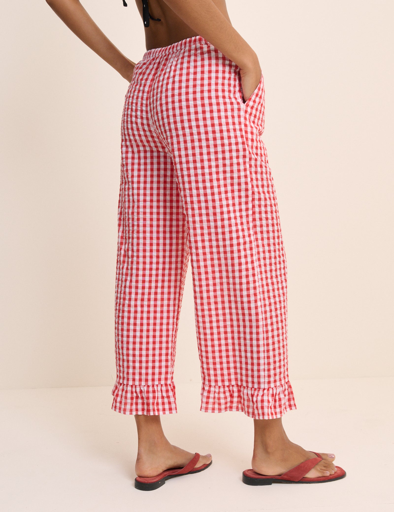 Red Gingham Frill Detail Beach Trousers