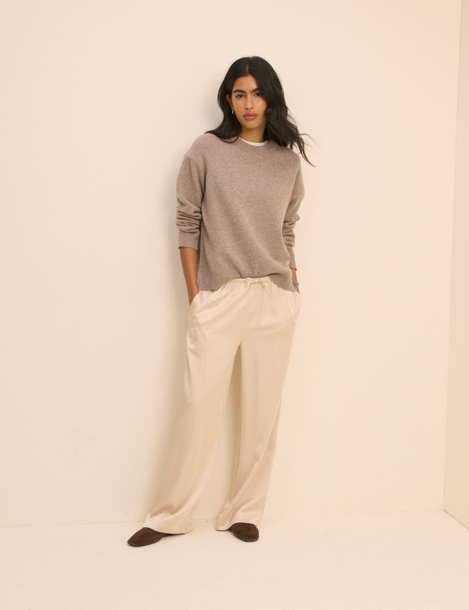 Cream Wide Leg Polished Trousers