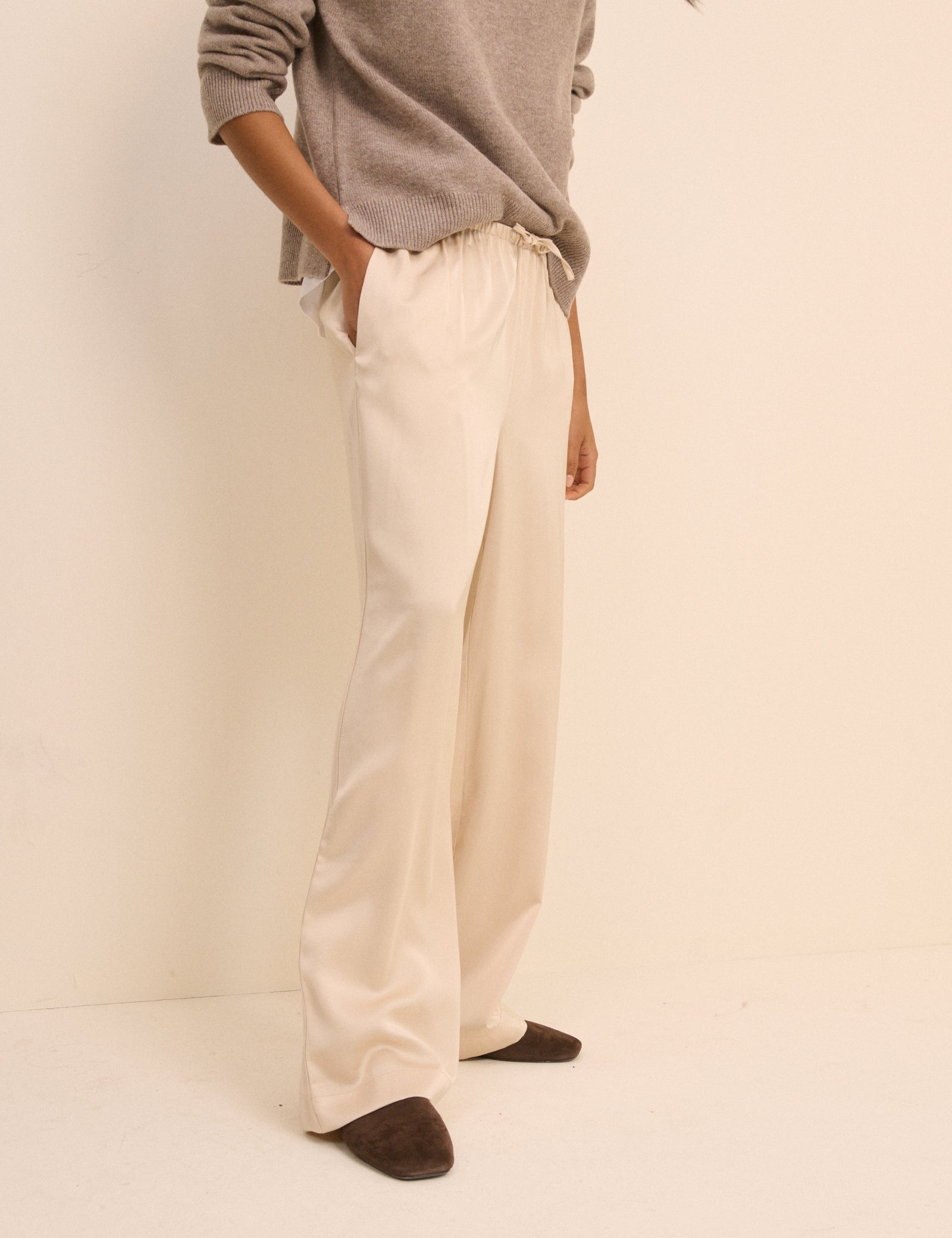 Cream Wide Leg Polished Trousers - Image 2