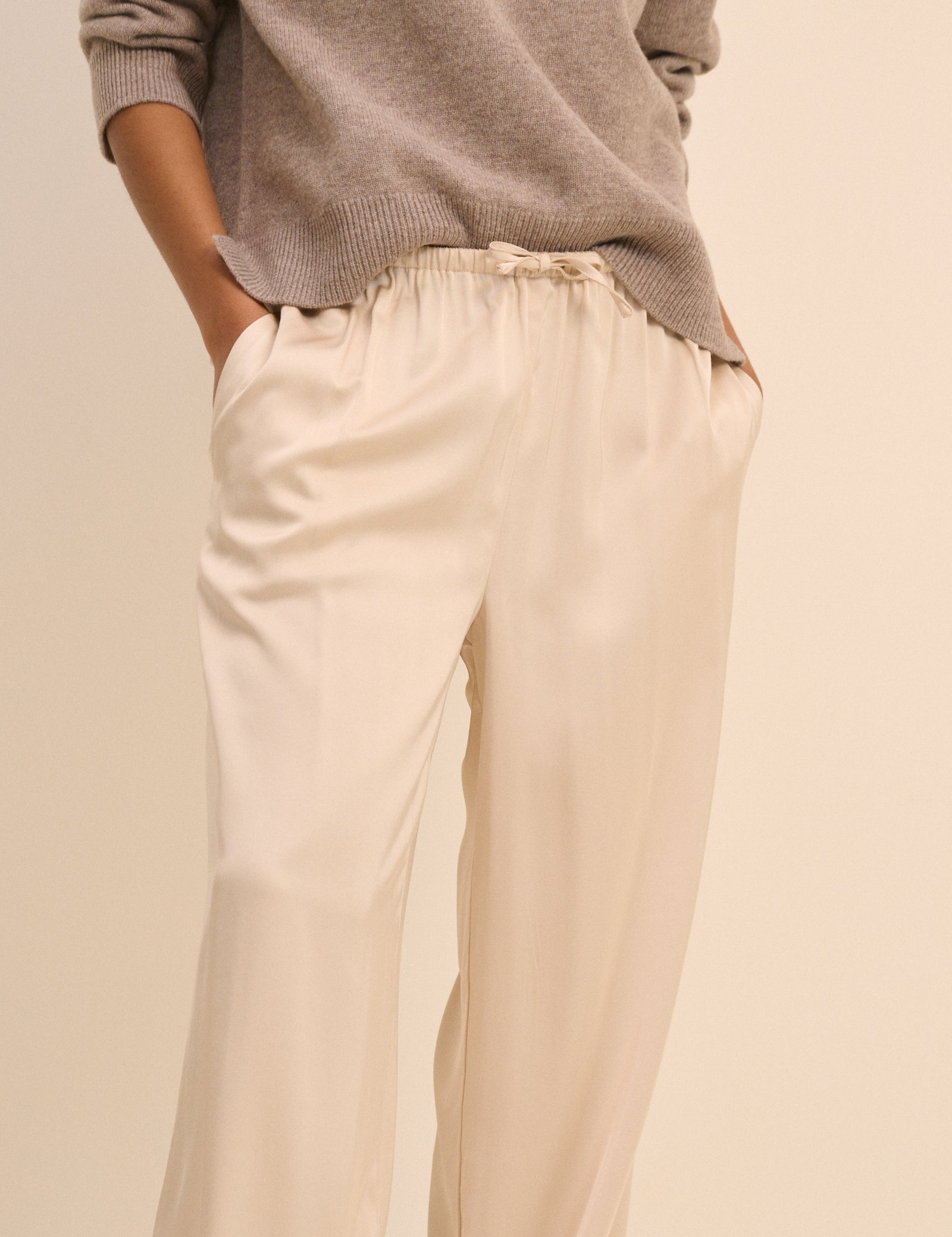 Cream Wide Leg Polished Trousers - Image 3