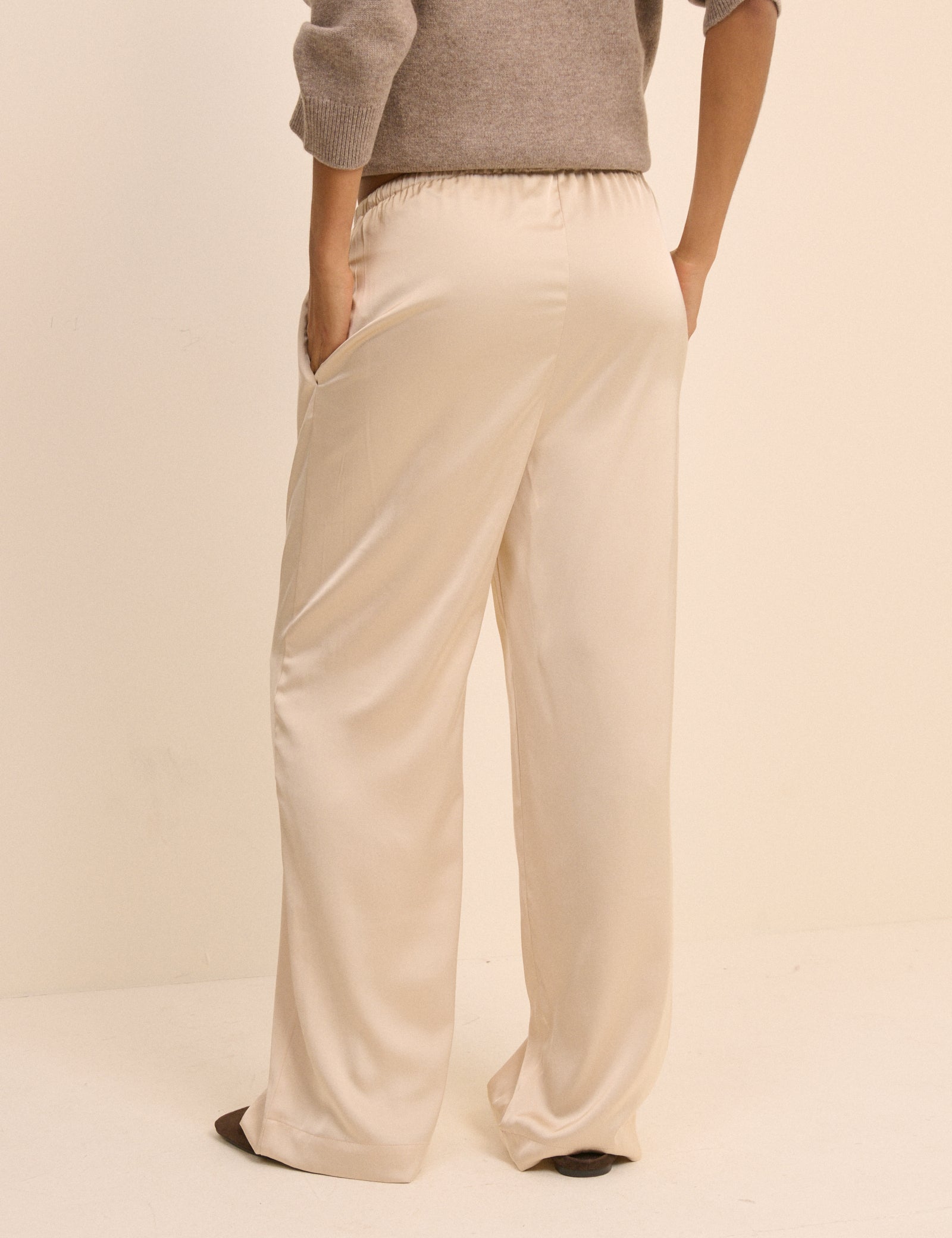 Cream Wide Leg Polished Trousers - Image 5