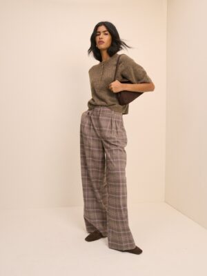 Brown Checked High Waisted Wide Leg Everyday Trousers