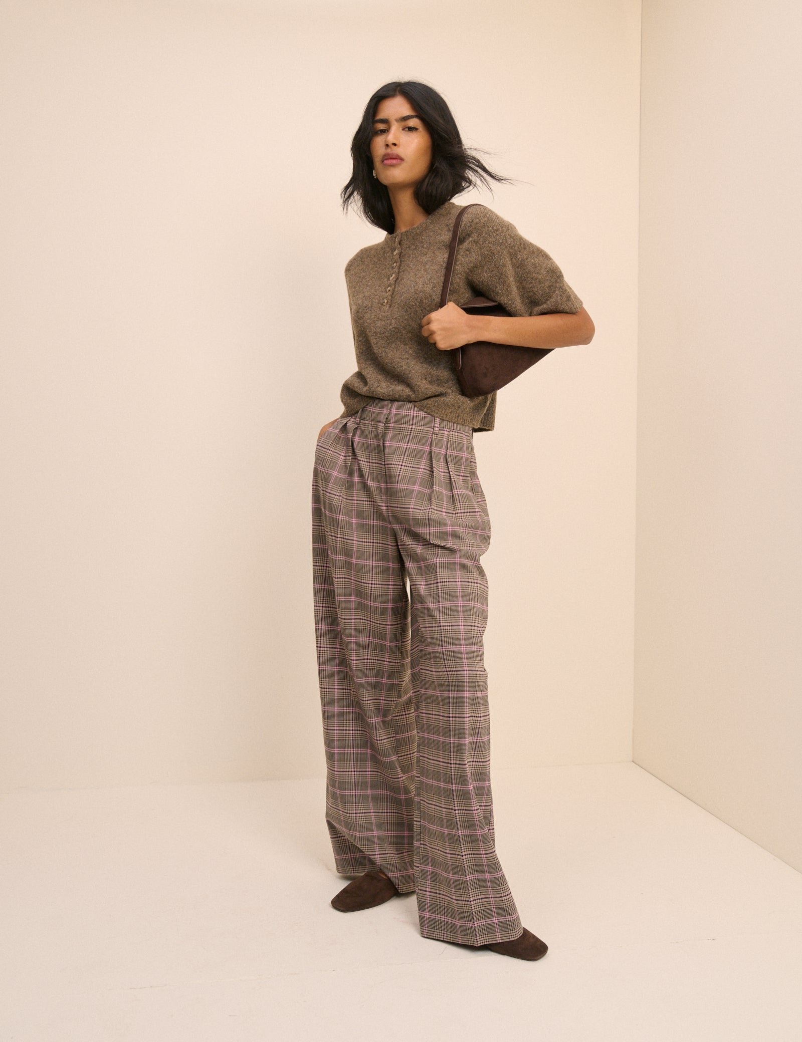 Brown Checked High Waisted Wide Leg Everyday Trousers