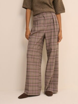 Brown Checked High Waisted Wide Leg Trousers