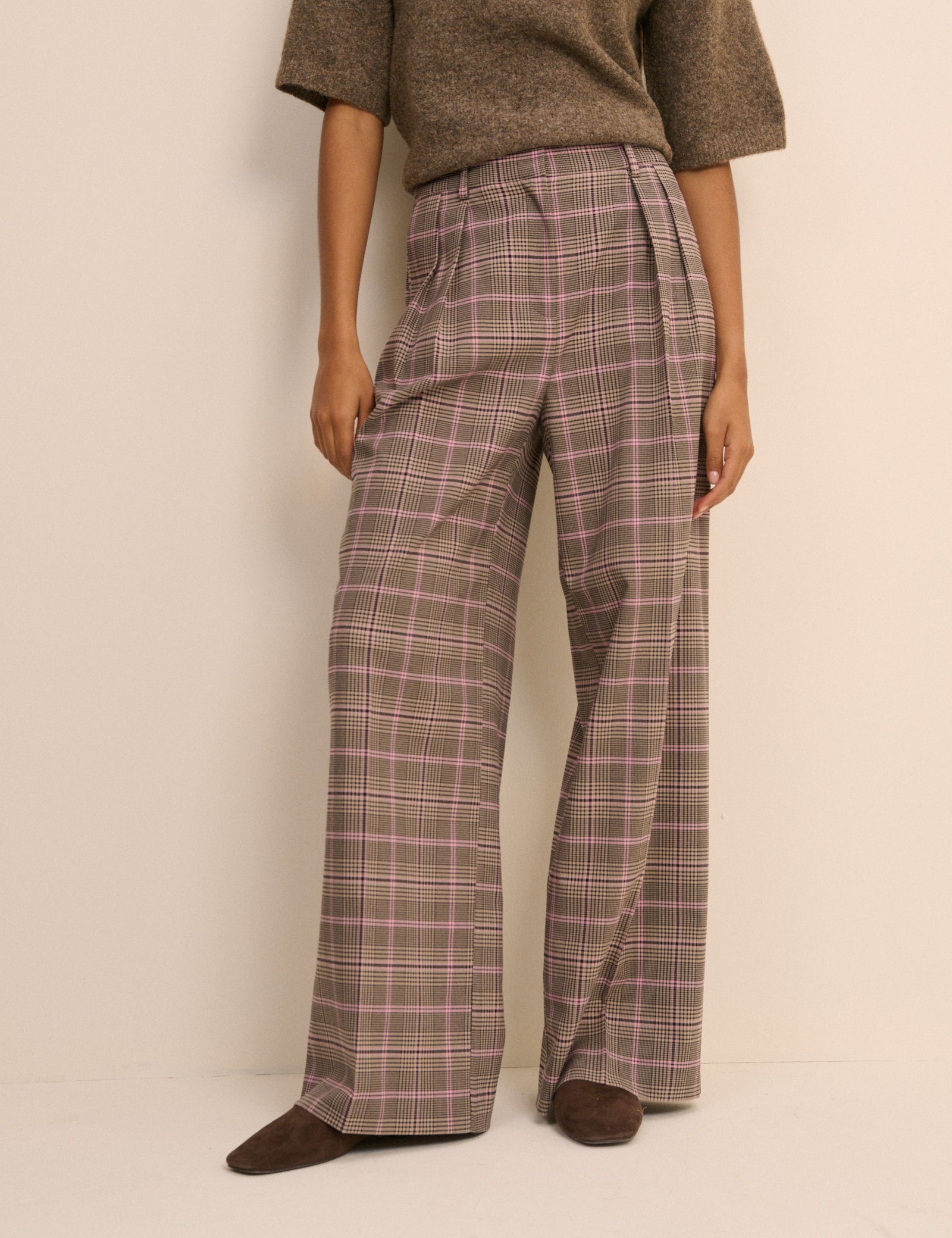 Brown Checked High Waisted Wide Leg Trousers