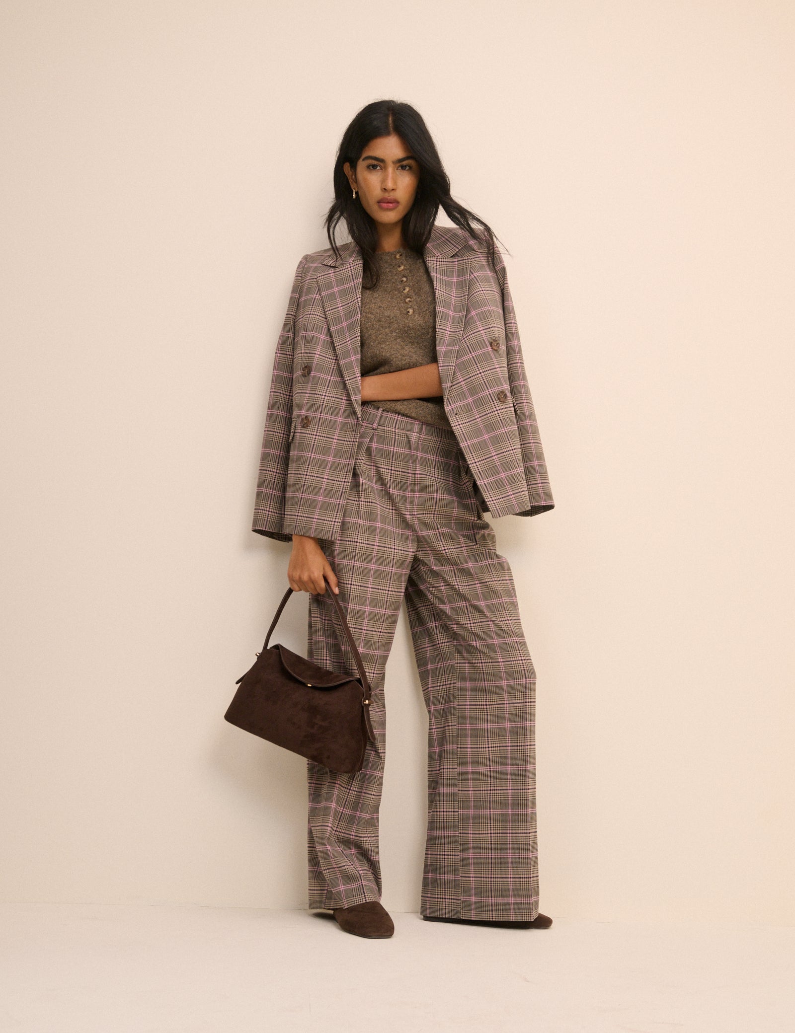 Brown Checked High Waisted Wide Leg Everyday Trousers - Image 4
