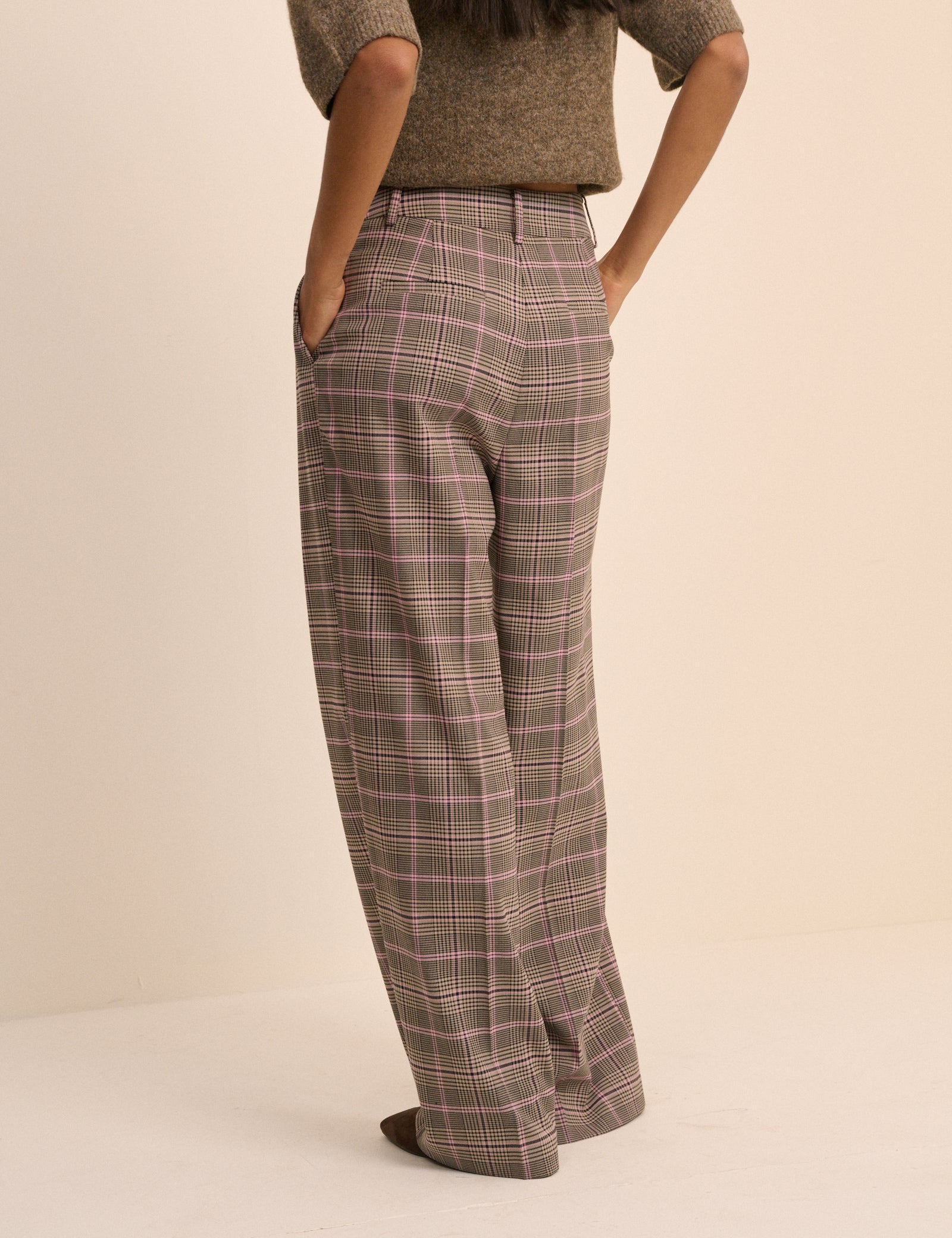 Brown Checked High Waisted Wide Leg Everyday Trousers - Image 5