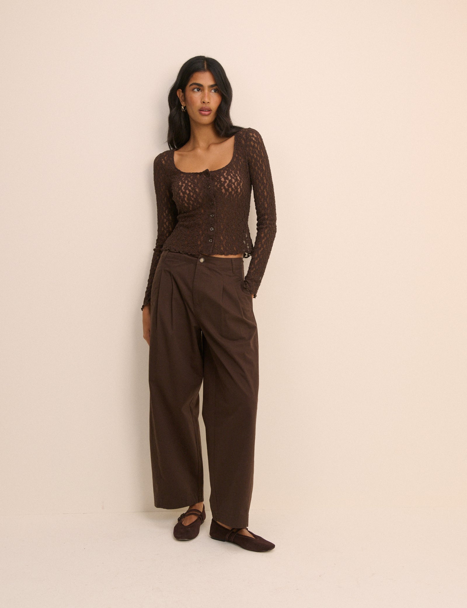 Brown Barrel Leg Pleated Trousers - Image 2