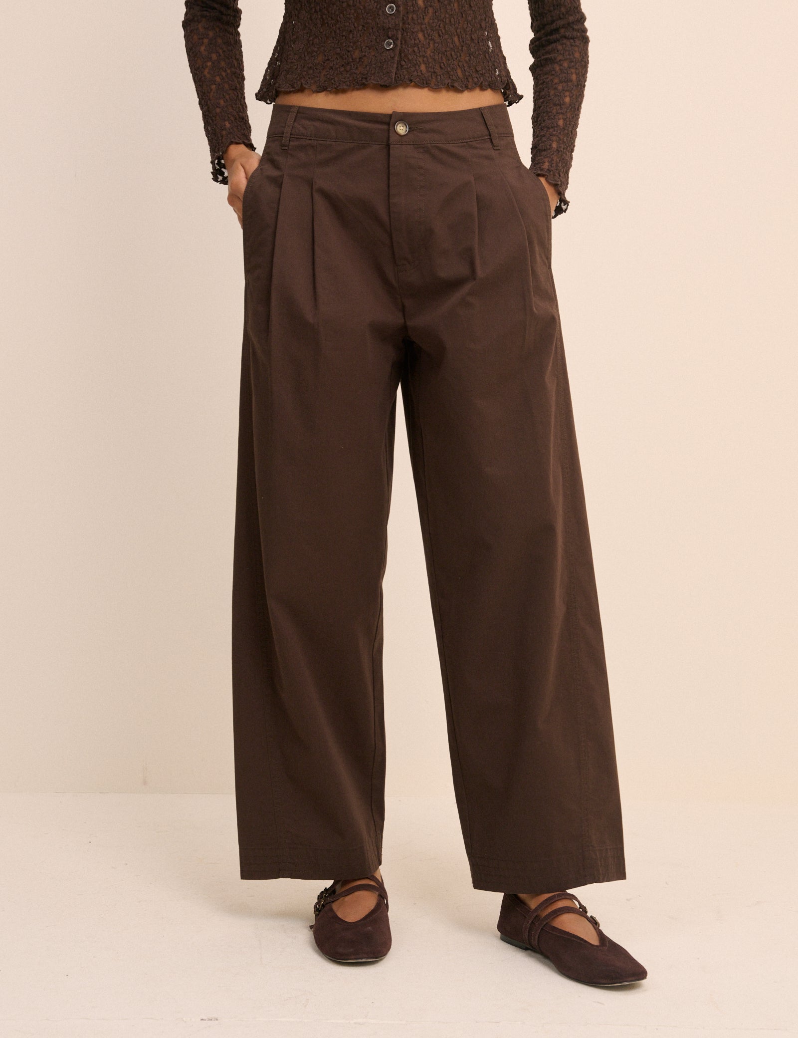Brown Barrel Leg Pleated Trousers - Image 3