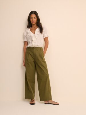 Khaki Barrel Leg Pleated Trousers