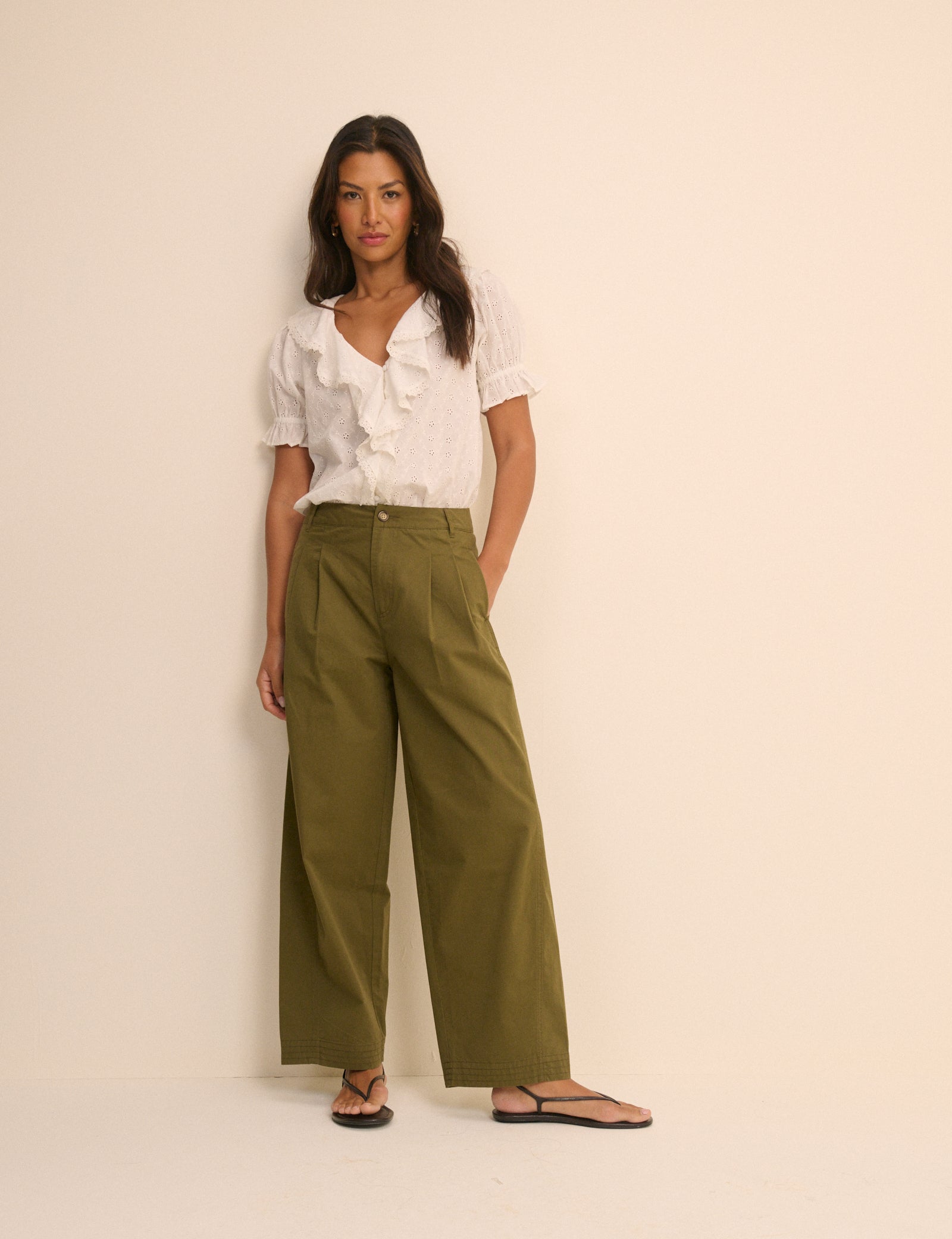 Khaki Barrel Leg Pleated Trousers