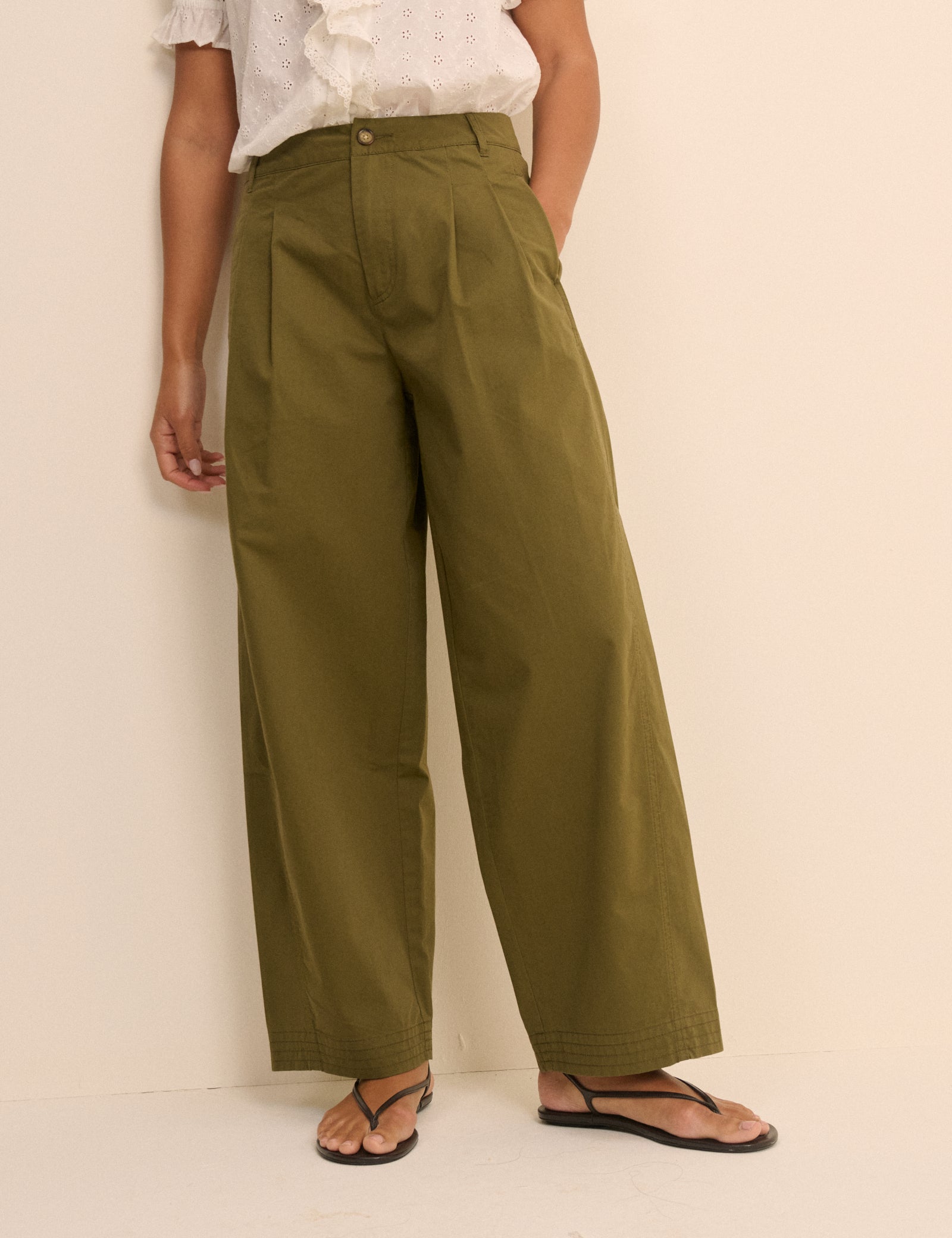 Khaki Barrel Leg Pleated Trousers - Image 2