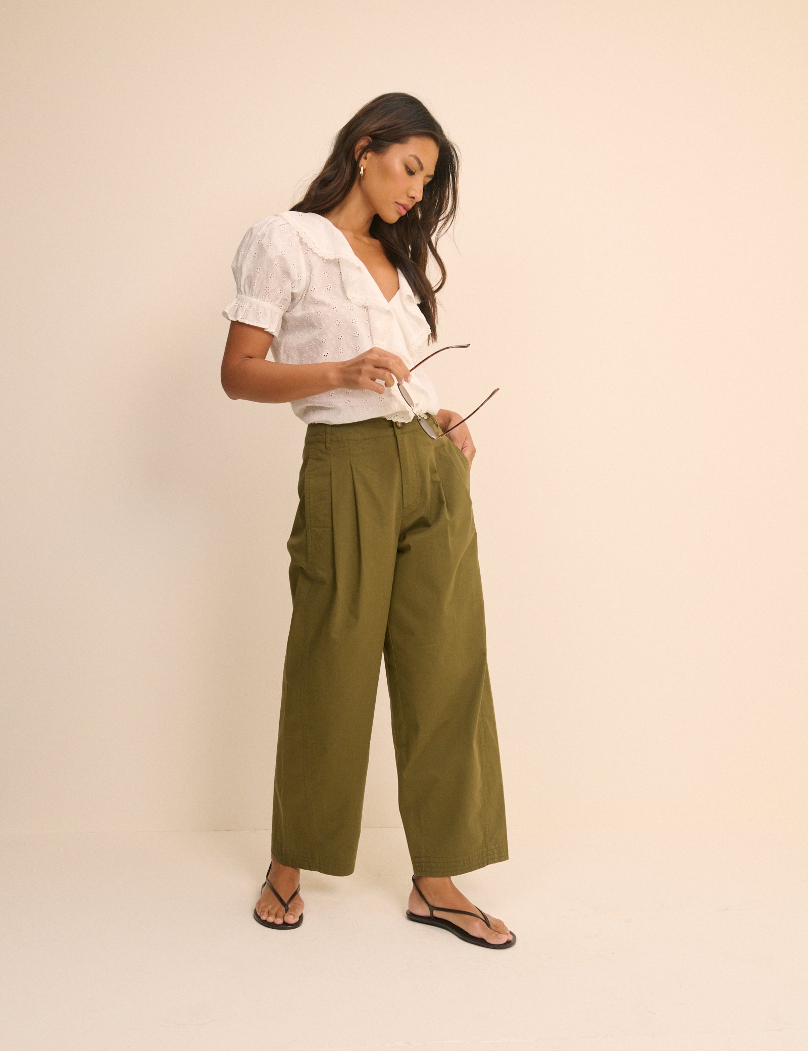 Khaki Barrel Leg Pleated Trousers - Image 4