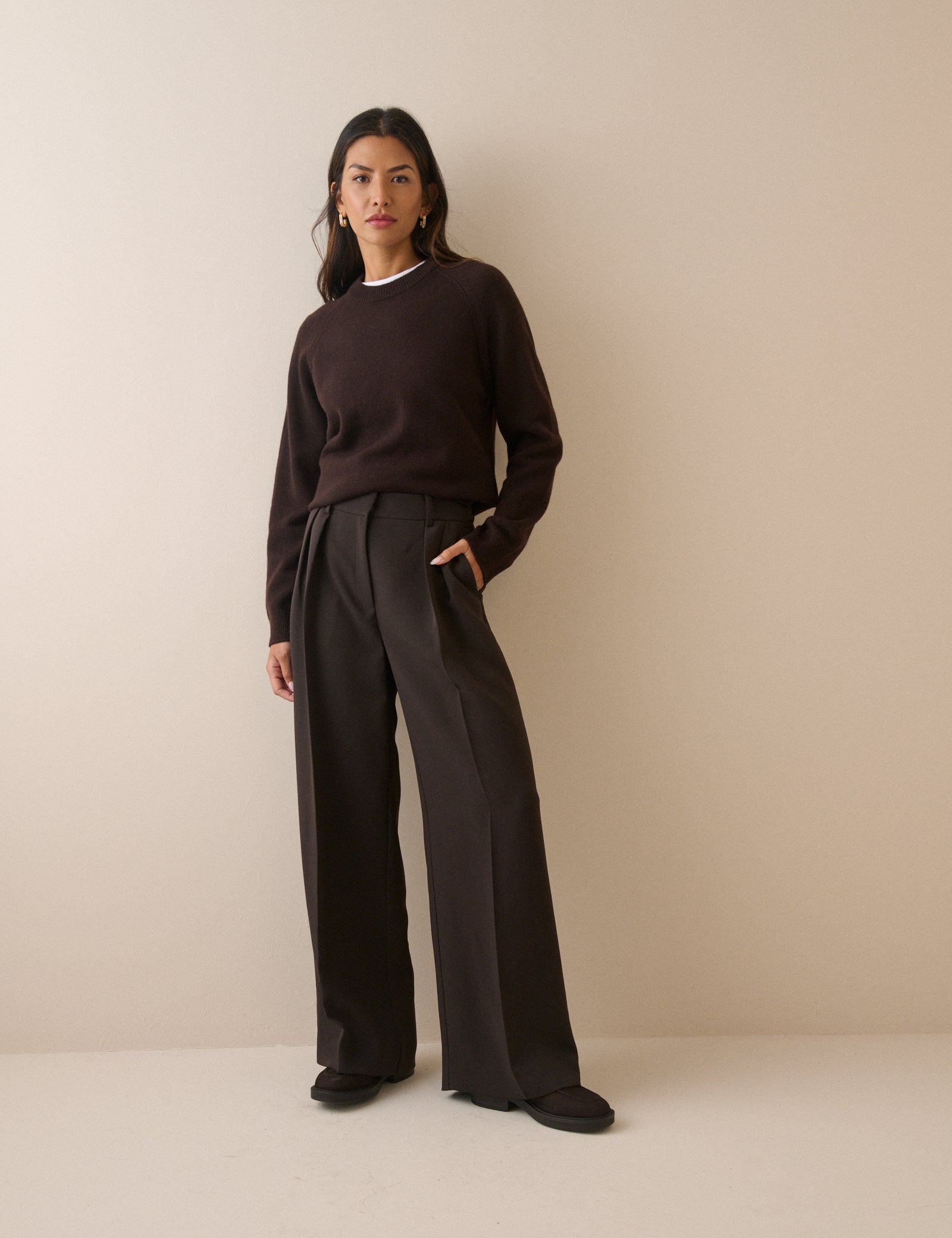 Brown Crepe High Waisted Wide Leg Trousers