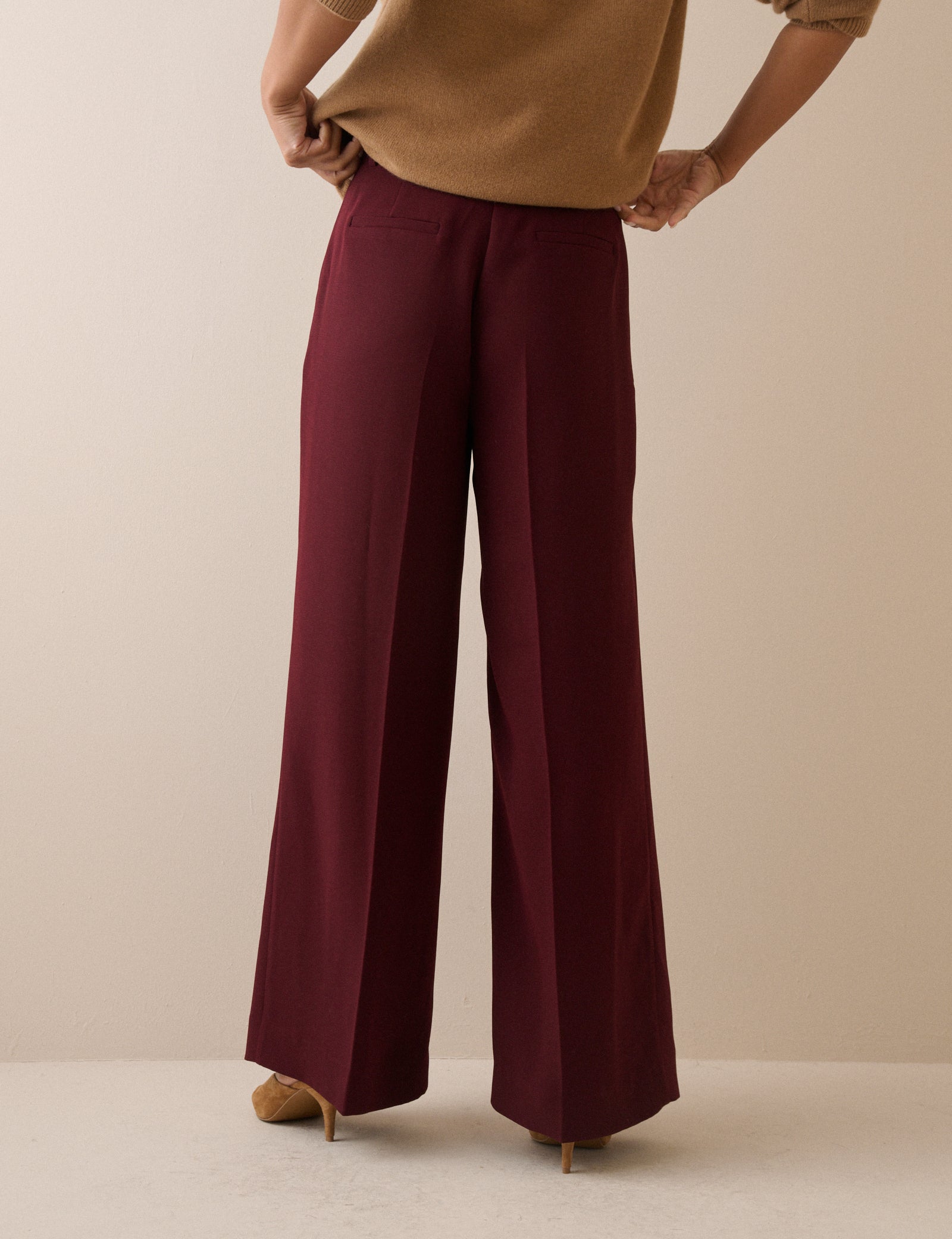 Burgundy Crepe High Waisted Wide Leg Trousers - Image 5
