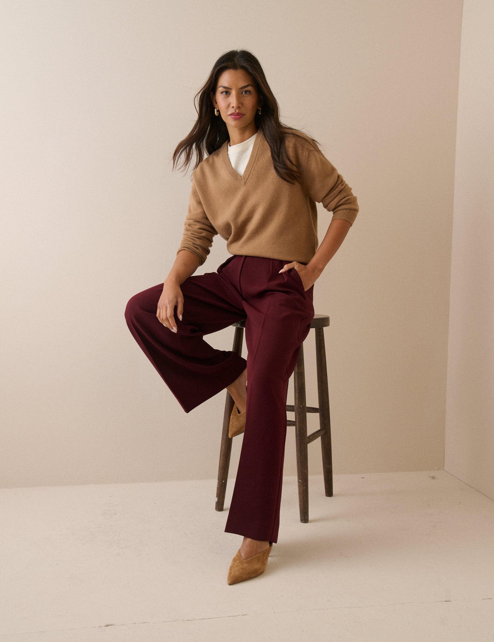 Burgundy Crepe High Waisted Wide Leg Trousers