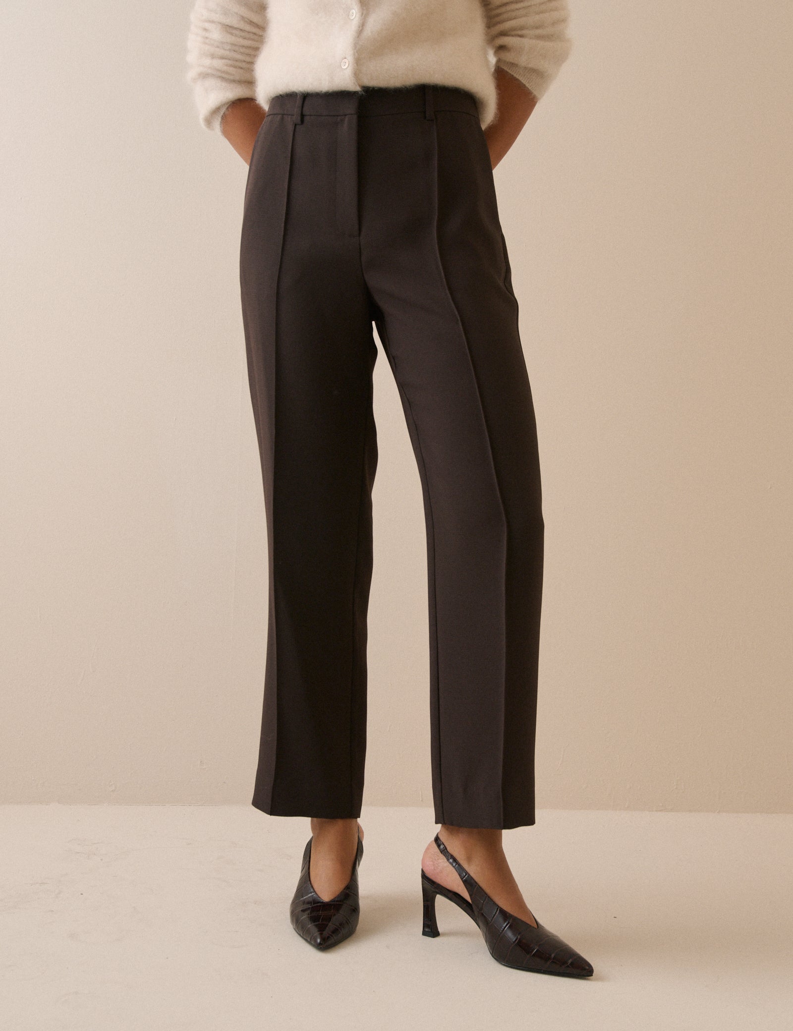 Brown Crepe High Waisted Cigarette Trousers - Image 2