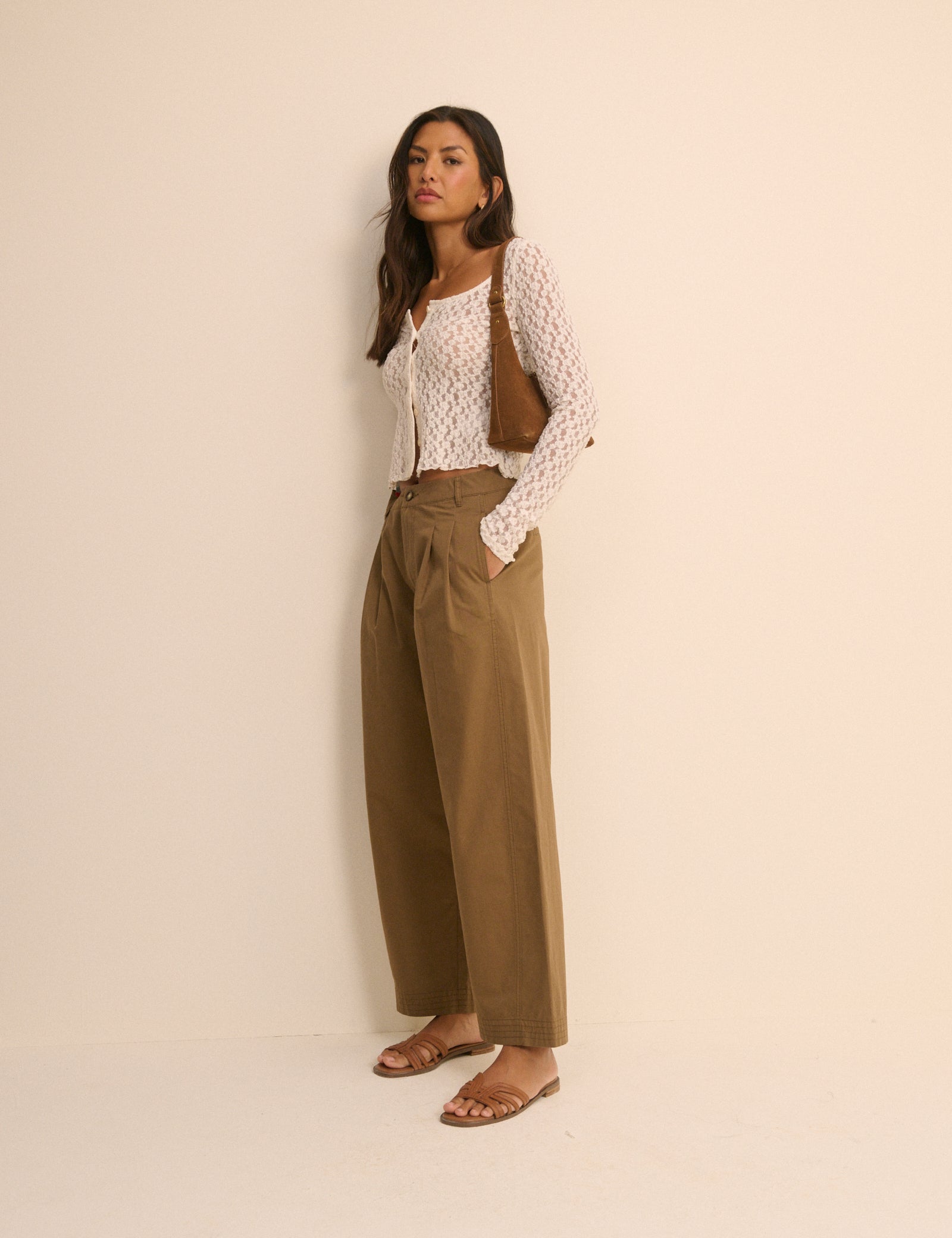 Camel Barrel Leg Pleated Trousers - Image 4