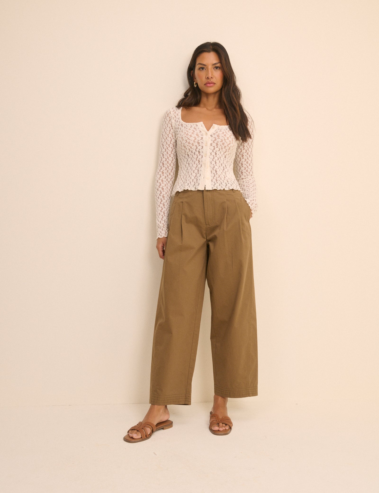 Camel Barrel Leg Pleated Trousers