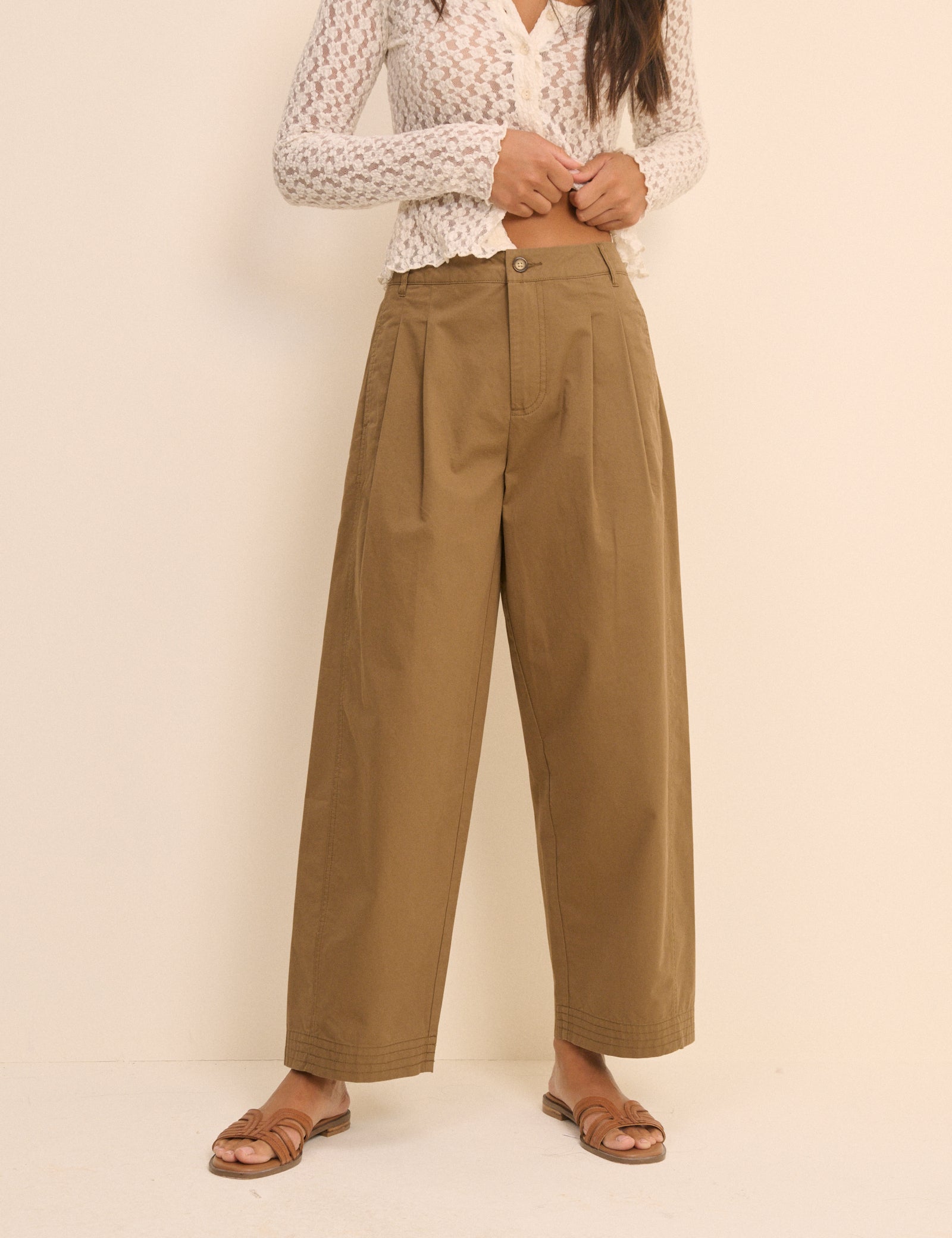 Camel Barrel Leg Pleated Trousers - Image 2