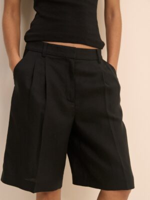 Black Linen Blend High Waisted Tailored Shorts