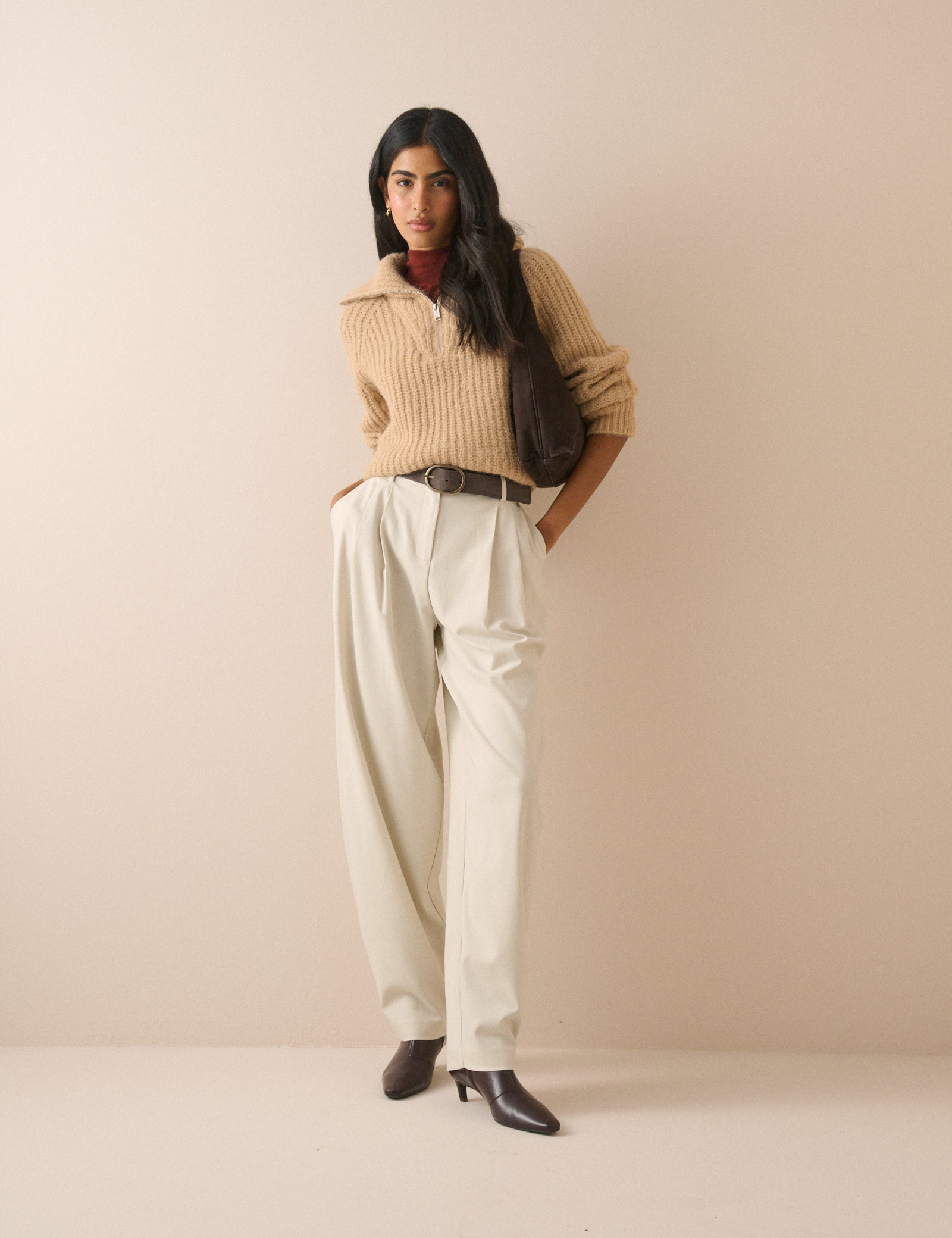 Cream High Waisted Barrel Leg Trousers - Image 4