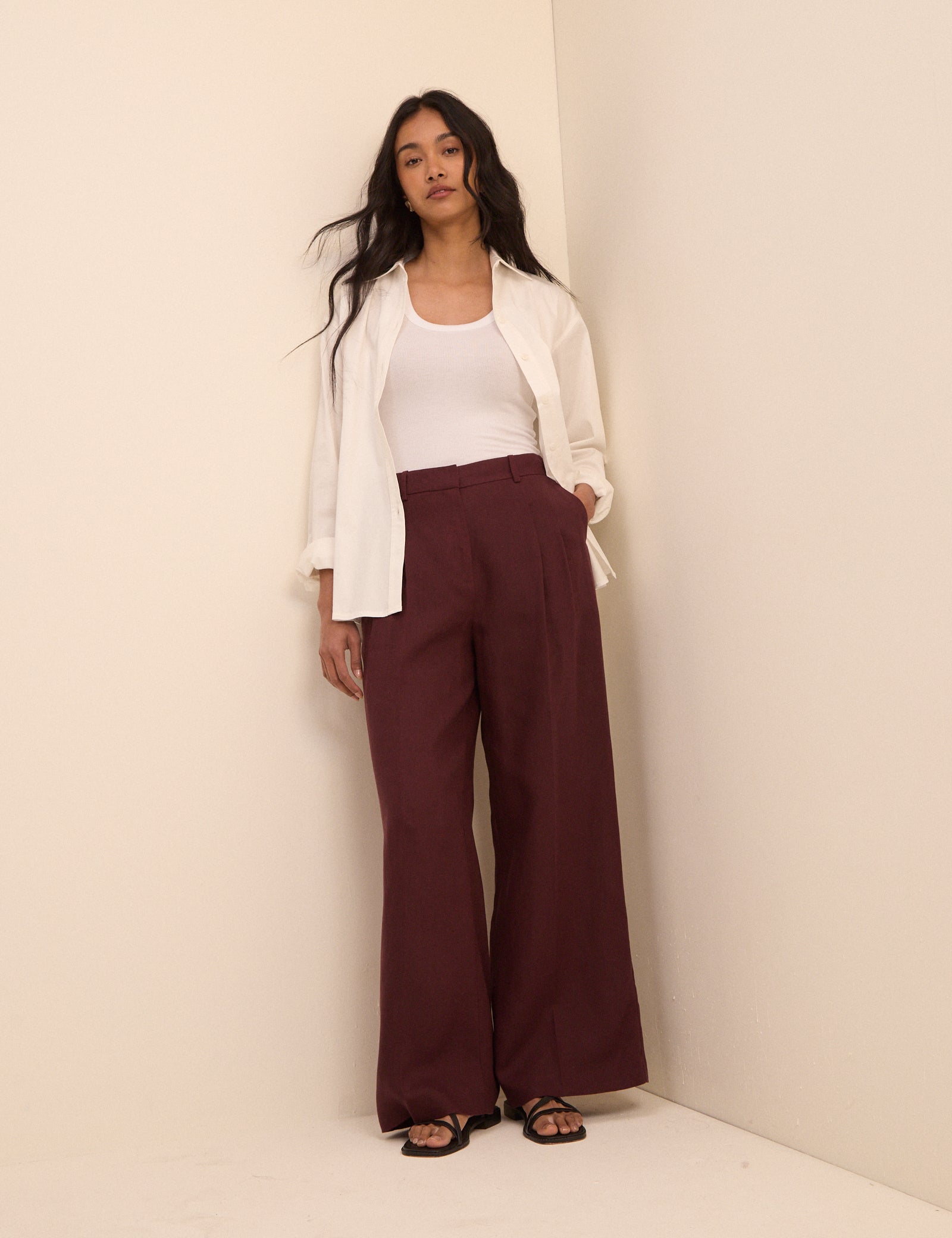 Burgundy Linen Blend High Waisted Wide Leg Trousers - Image 3