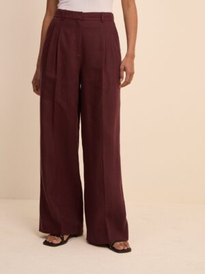 Burgundy Linen Blend High Waisted Wide Leg Trousers